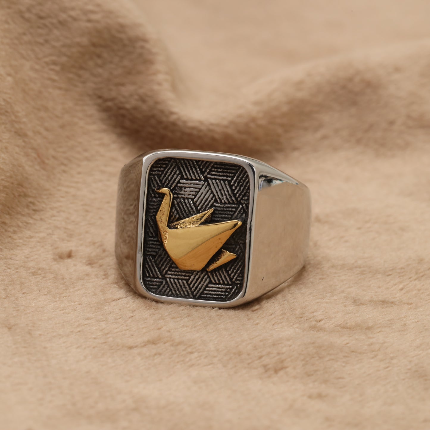 Golden Crane Origami Stainless Steel Ring R1242