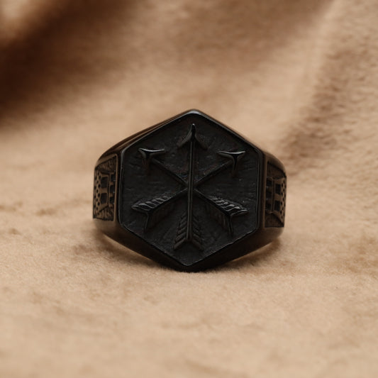 Black Hexagonal Crossed Arrows Signet Ring R35