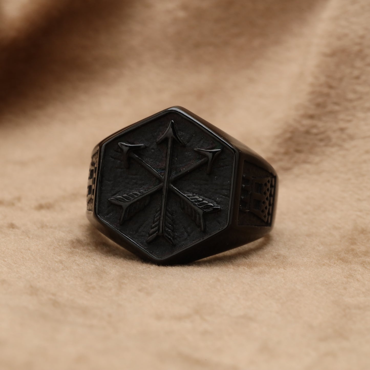 Black Hexagonal Crossed Arrows Signet Ring R85