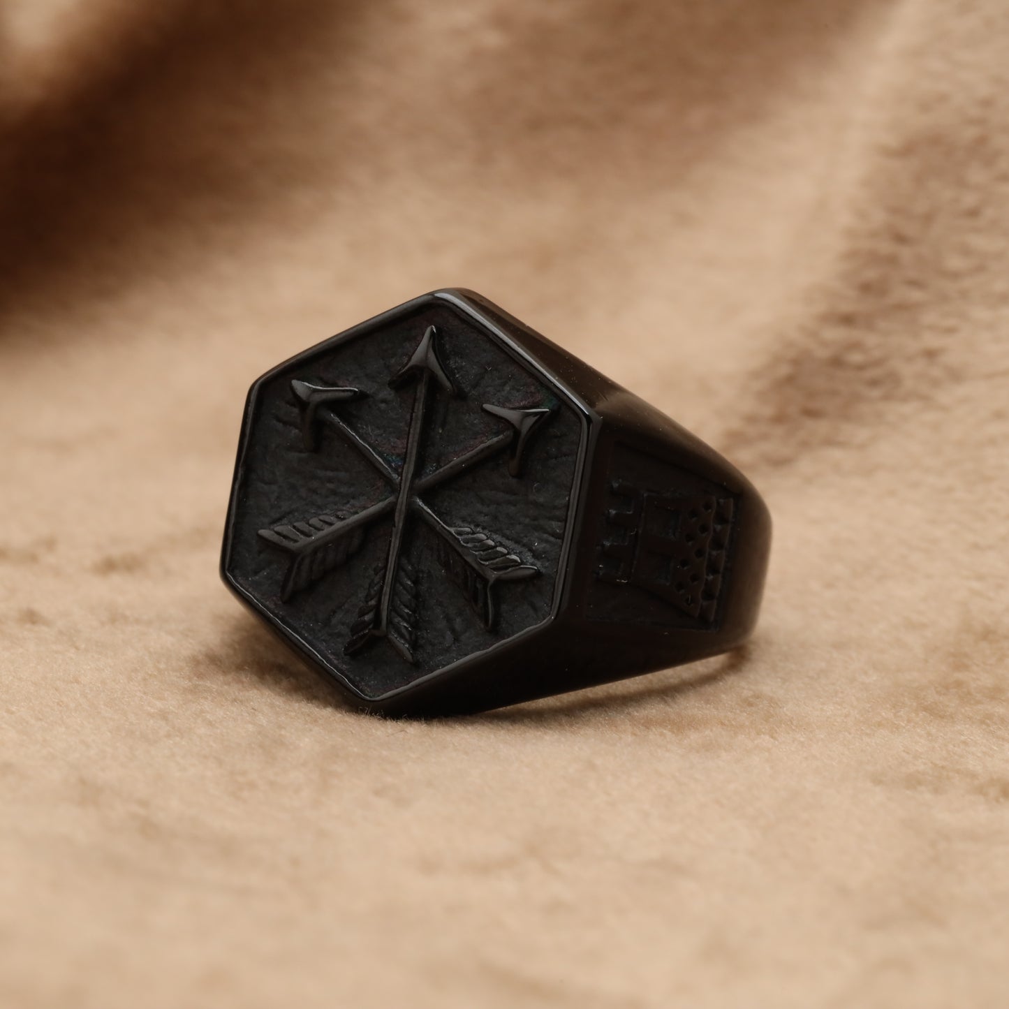 Black Hexagonal Crossed Arrows Signet Ring R85