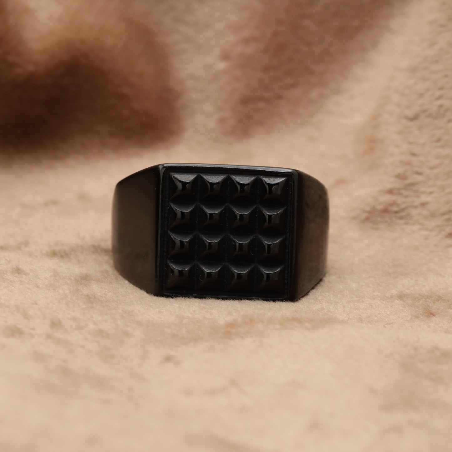Black Square Signet Ring with 3D Diamond Grid Texture R87