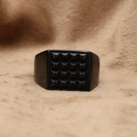Black Square Signet Ring with 3D Diamond Grid Texture R34