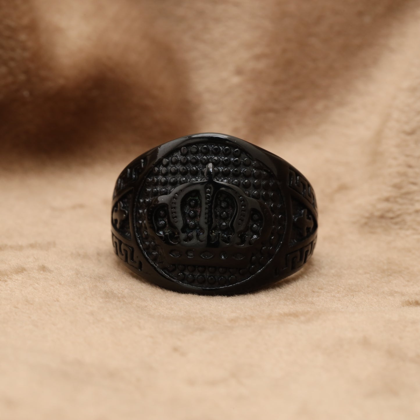 Black Oval Dome Ring with Crown & Greek Key Engravings R89