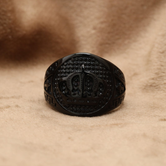 Black Oval Dome Ring with Crown & Greek Key Engravings R38