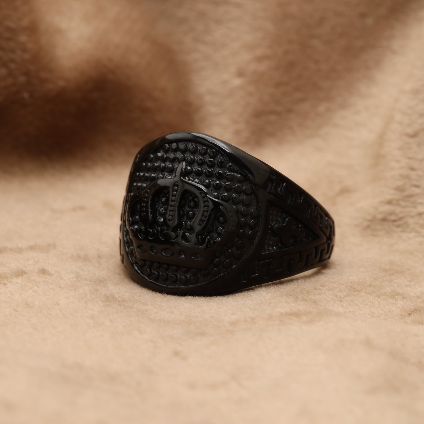 Black Oval Dome Ring with Crown & Greek Key Engravings R89
