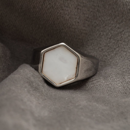 Hexagon Mother of Pearl Silver Stainless steel  Ring R15