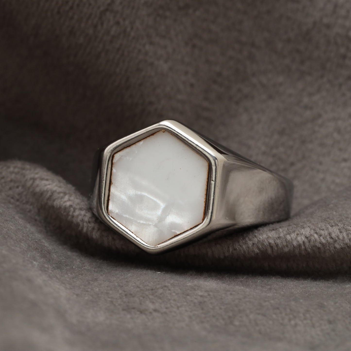 Hexagon Mother of Pearl Silver Stainless steel  Ring R15