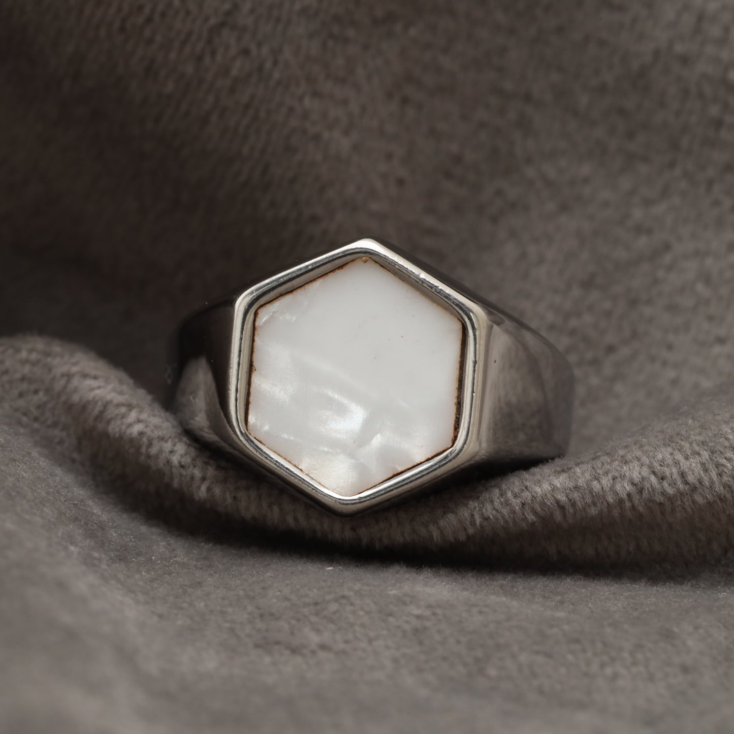 Hexagon Mother of Pearl Silver Stainless steel  Ring R15