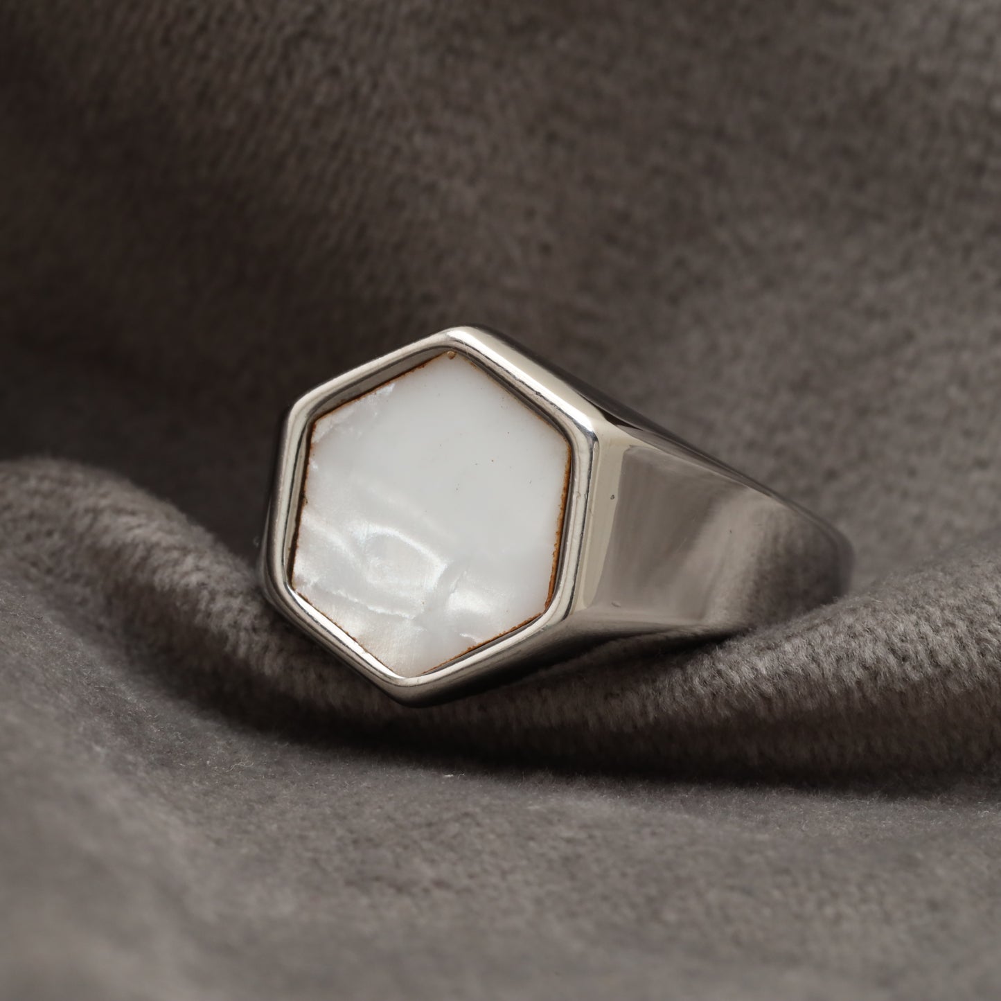 Hexagon Mother of Pearl Silver Stainless steel  Ring R15