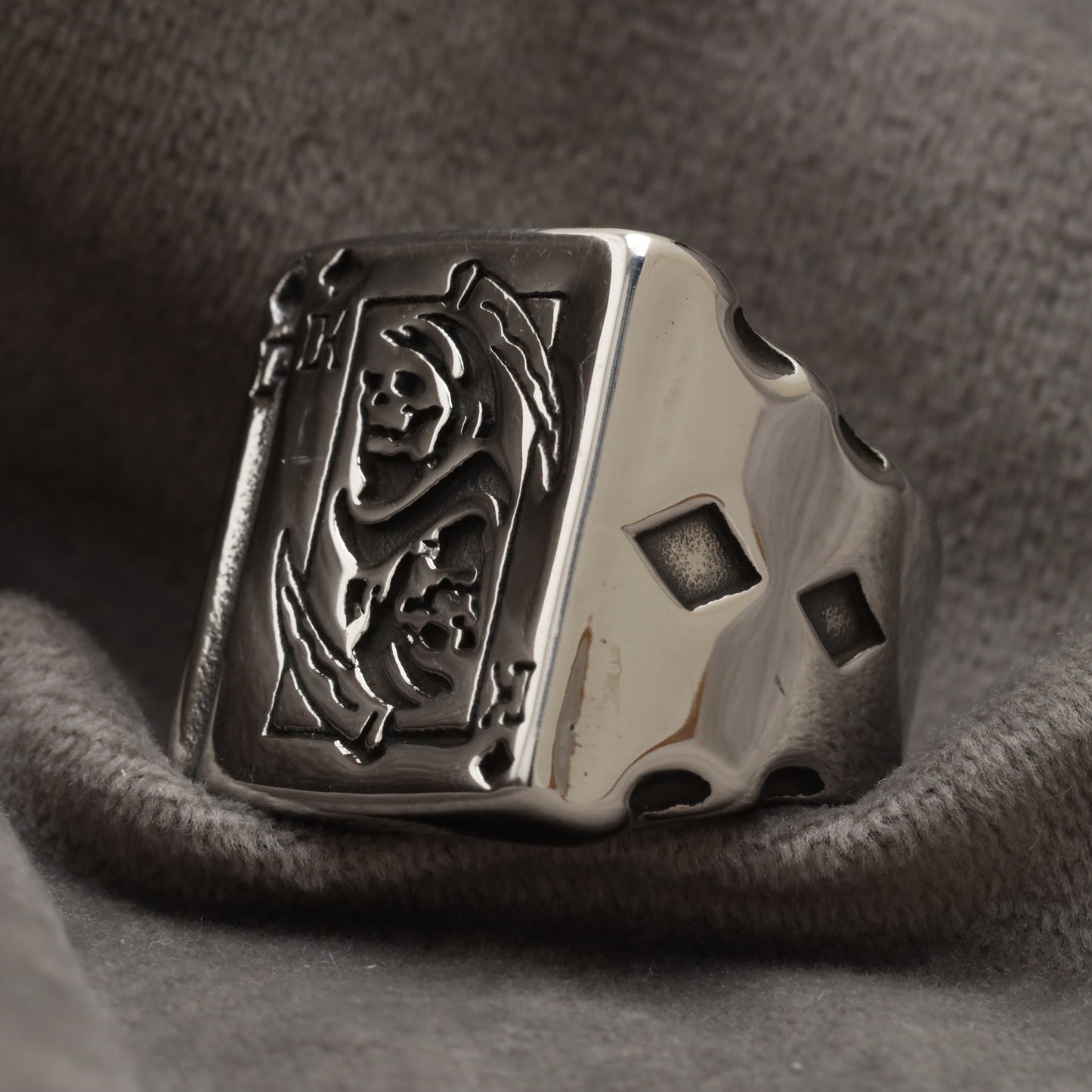 King of Spades Grim Reaper Card Silver Stainless Steel Ring R23