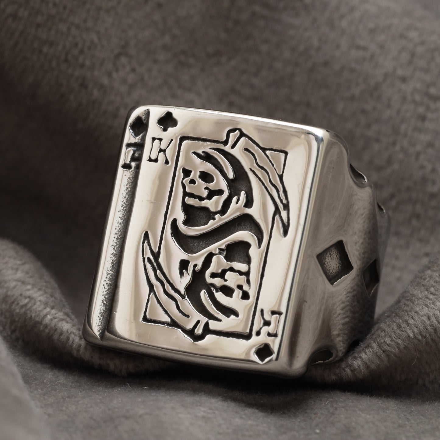 King of Spades Grim Reaper Card Silver Stainless Steel Ring R23