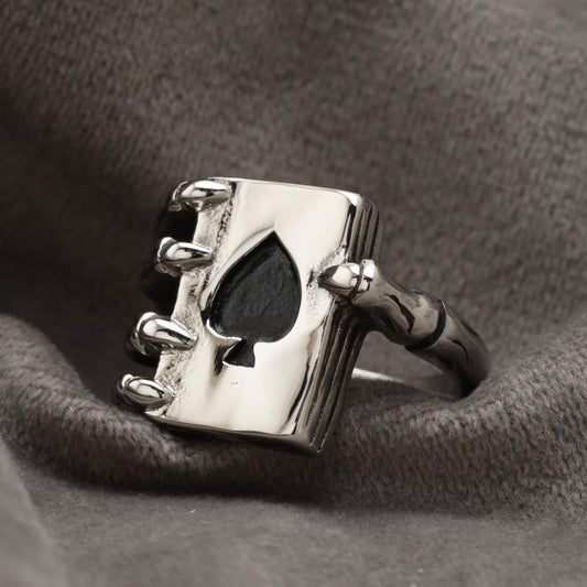 Skeleton Hand Ace of Spades Card Silver Stainless Steel Ring R24