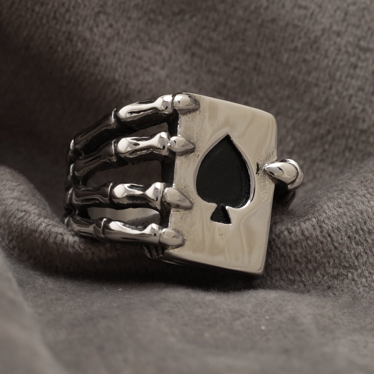 Skeleton Hand Ace of Spades Card Silver Stainless Steel Ring R24