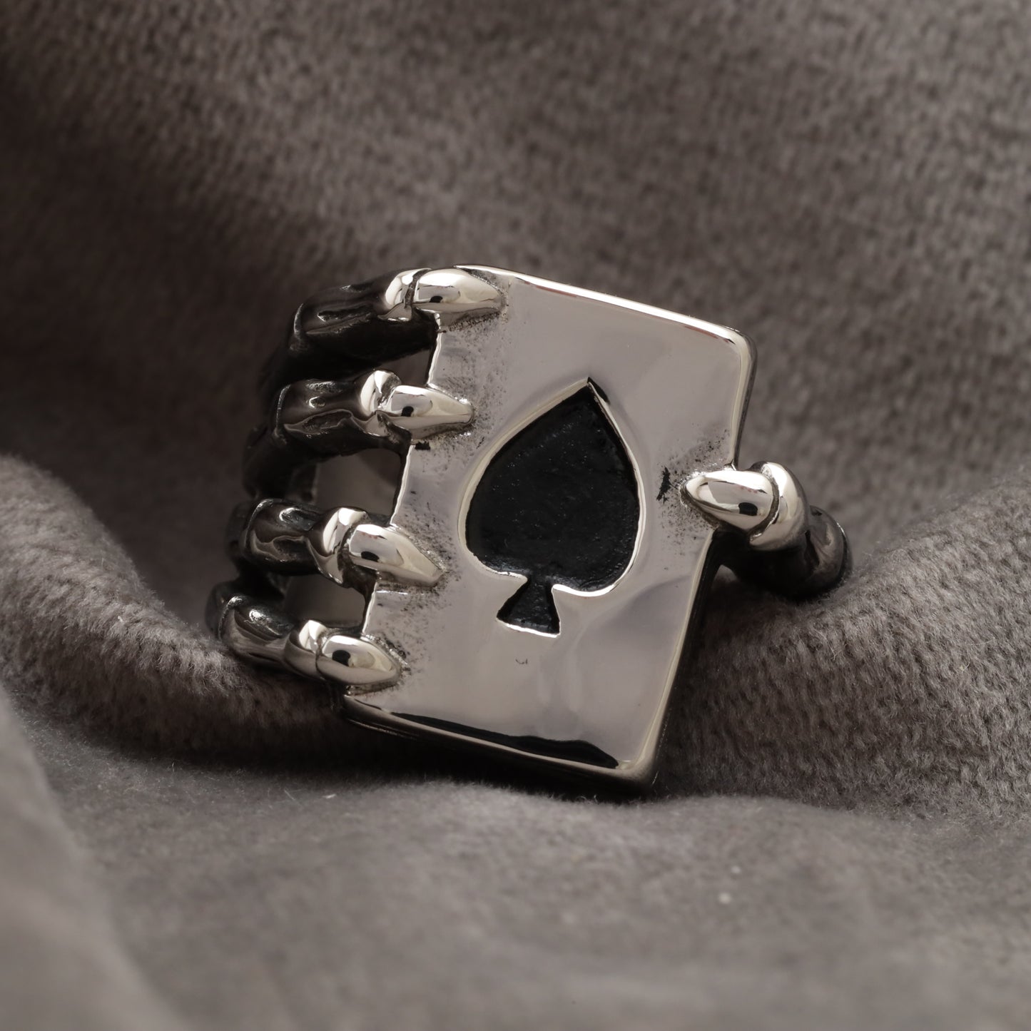 Skeleton Hand Ace of Spades Card Silver Stainless Steel Ring R24