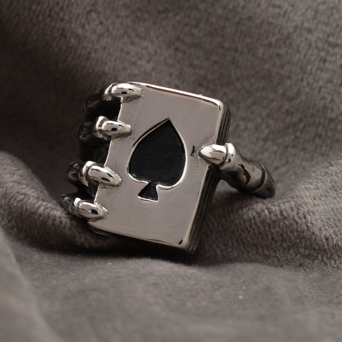 Skeleton Hand Ace of Spades Card Silver Stainless Steel Ring R24