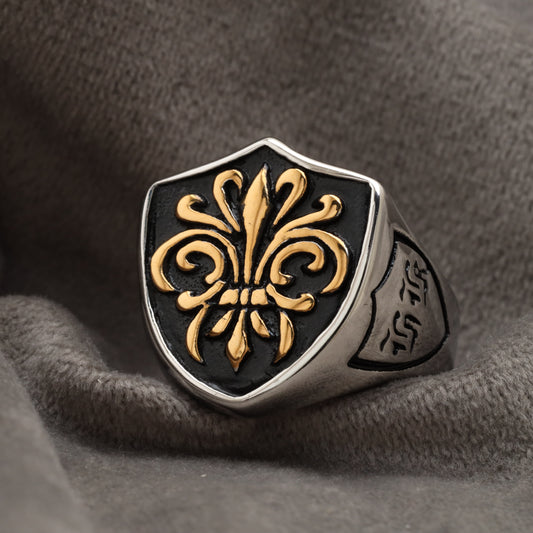Golden Fleur de Lis Shield Silver Stainless Steel Ring R25
