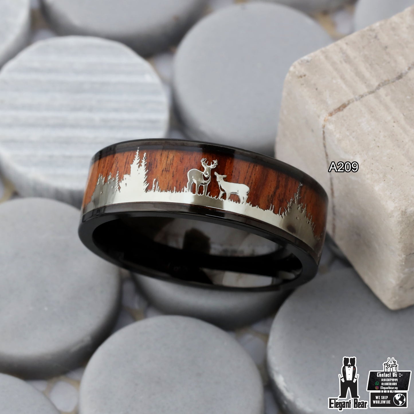 Titanium Ring with Koa Wood & Forest Deer Engraving - Nature Design - 8mm - A209