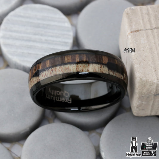 Black Tungsten Ring with Deer Antler & Koa Wood - Forest Arrow Design - 8mm - A101