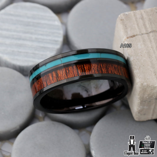 Black Tungsten Ring with Koa Wood & Natural Turquoise Stone - Unique Design - 8mm - A185