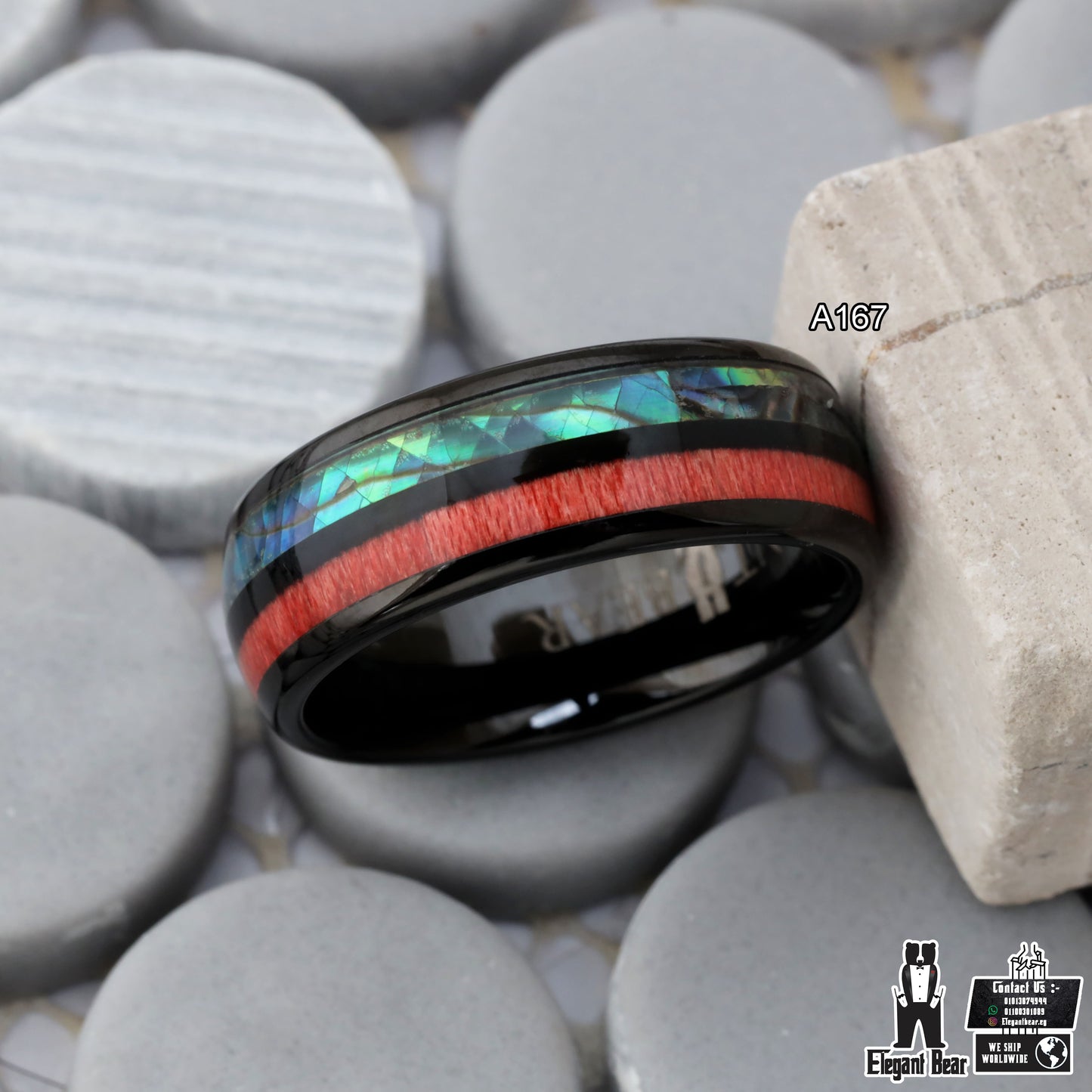 Tungsten Ring with Natural Abalone Shell & Red Elder Box Wood - 8mm - A167