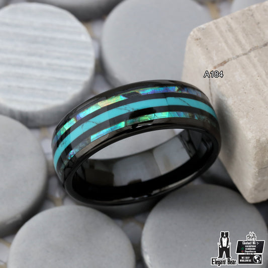 Tungsten Ring with Turquoise Stone, Abalone Shell & Koa Wood - Triple Inlay - 8mm - A184