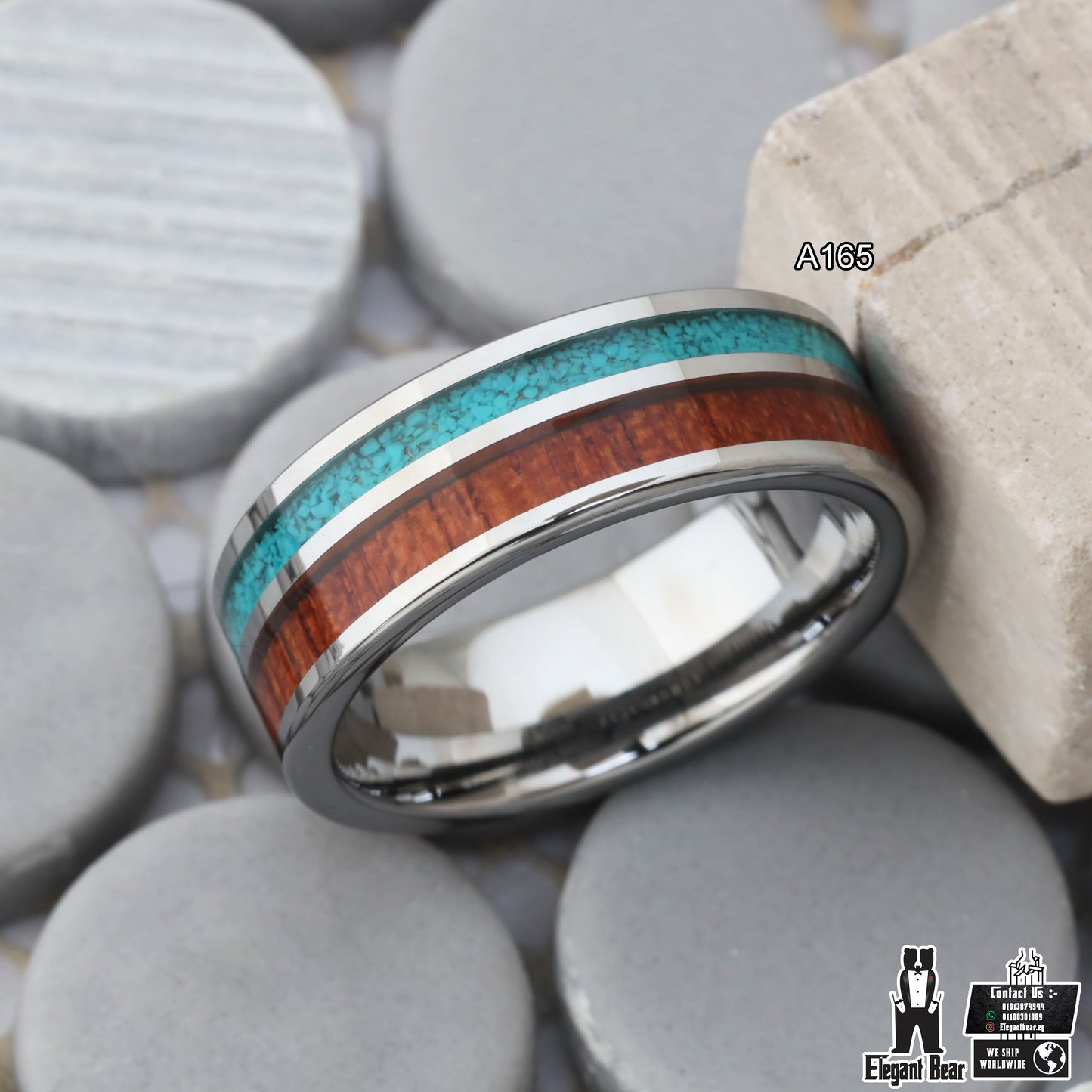 Silver Tungsten Ring with Koa Wood & Natural Turquoise Stone - 8mm - A165