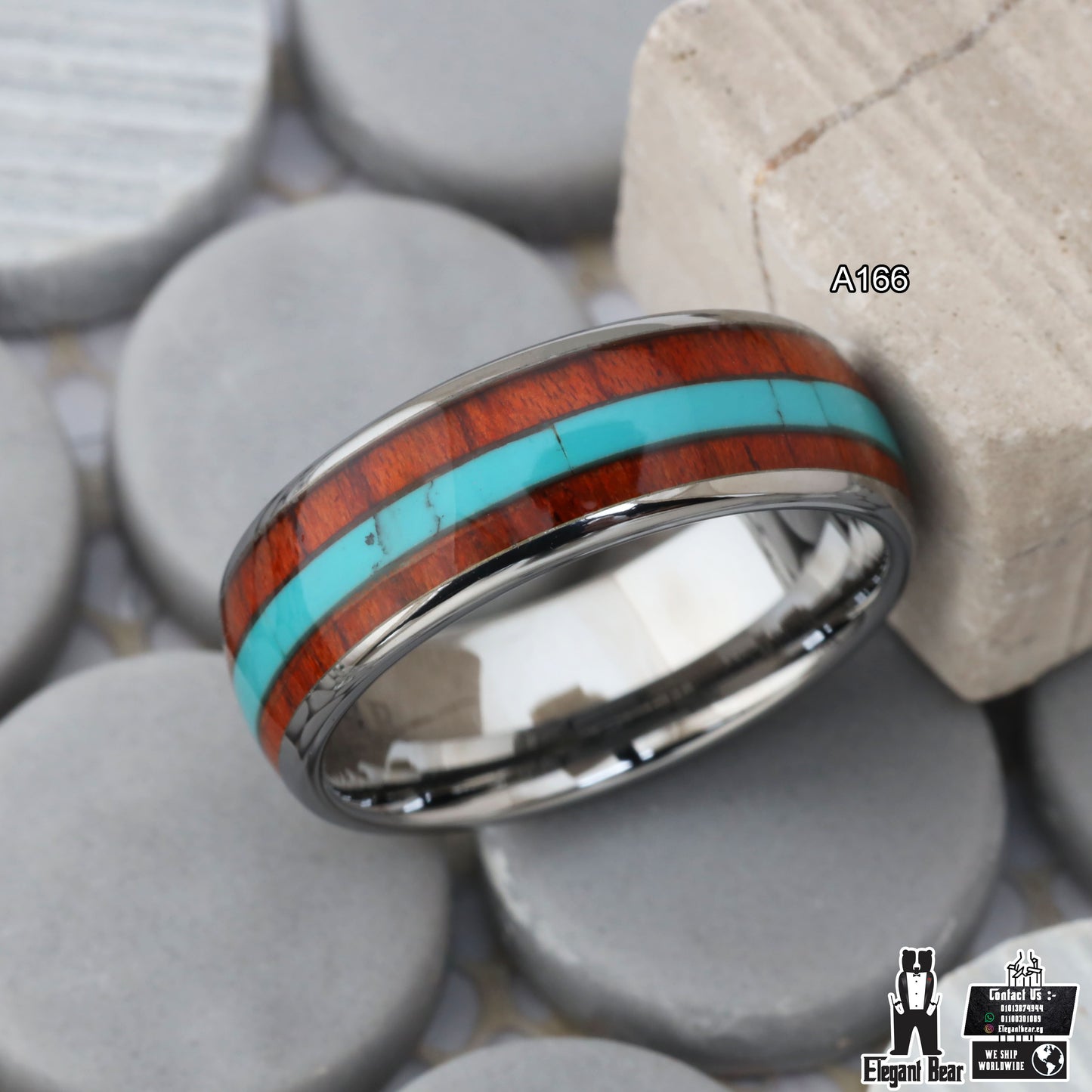 Silver Tungsten Ring with Koa Wood & Natural Turquoise Stone - 8mm - A166