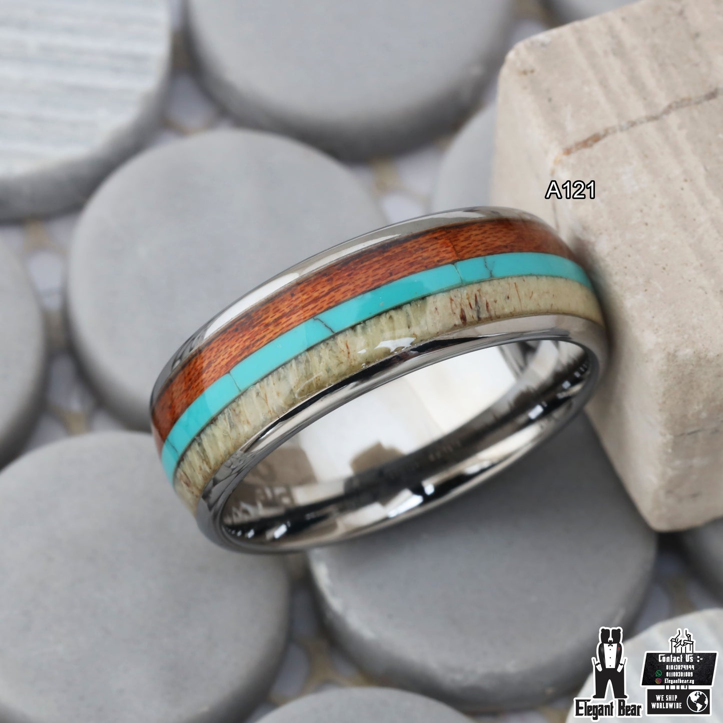 Silver Tungsten Ring with Deer Antler, Turquoise & Koa Wood - Triple Inlay - 8mm - A121