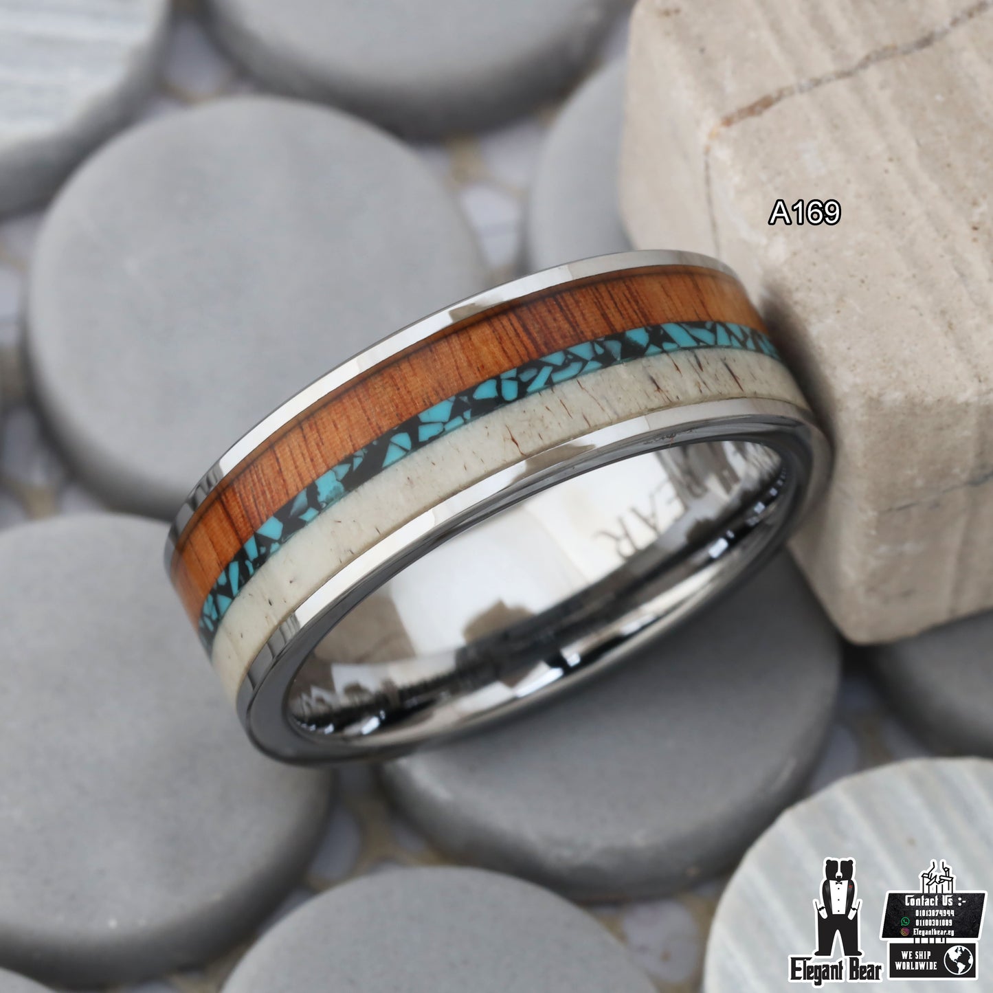 Silver Tungsten Ring with Deer Antler, Crushed Turquoise & Koa Wood - Triple Inlay - 8mm - A169