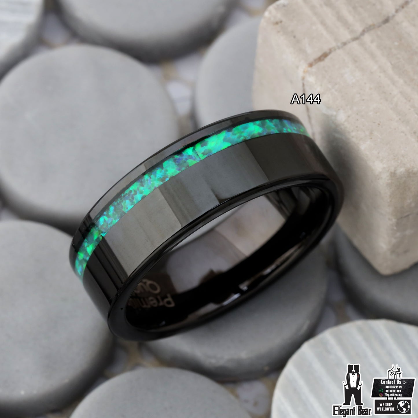 Tungsten Ring with Green Opal Stone Inlay - Premium Design - 8mm - A144