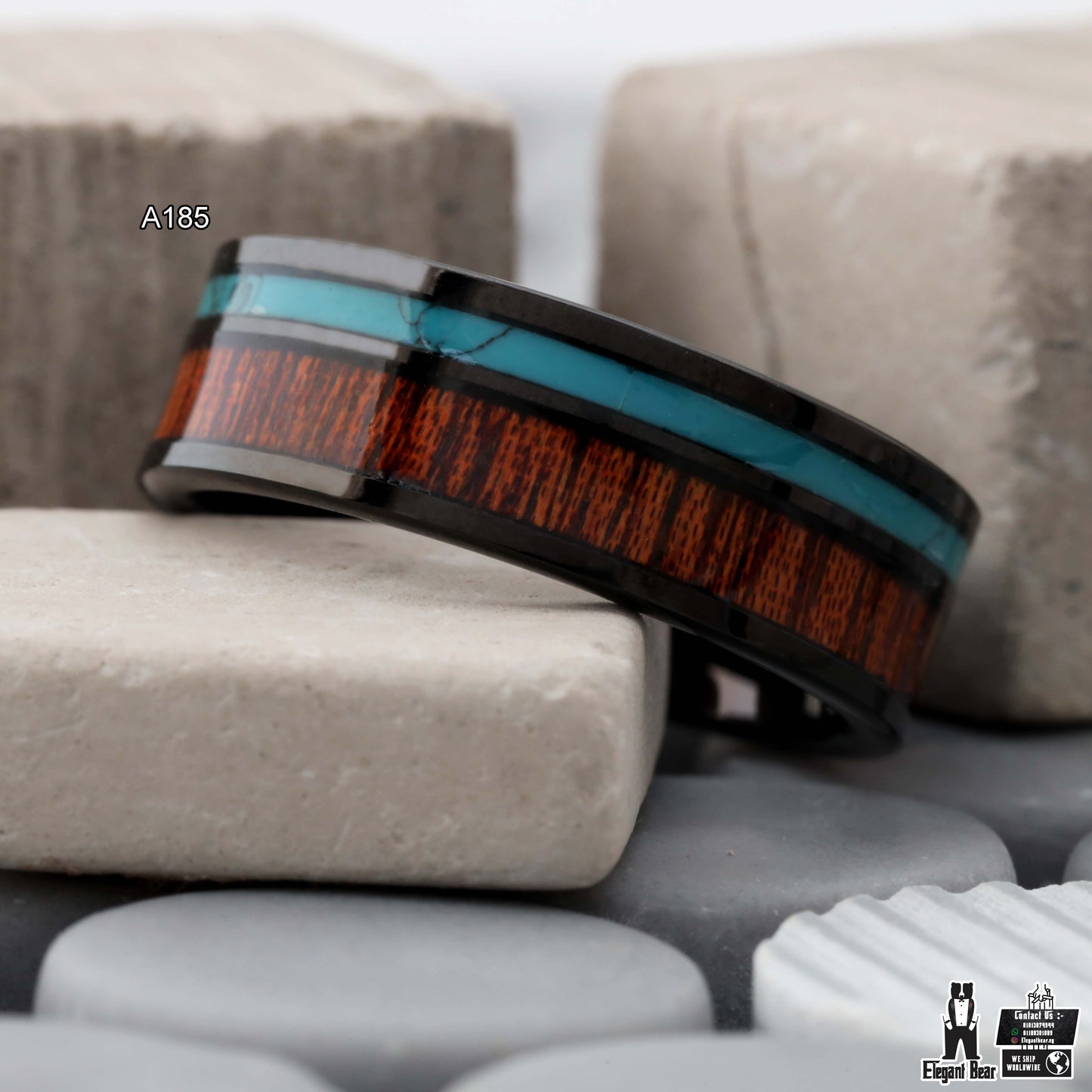 Black Tungsten Ring with Koa Wood & Natural Turquoise Stone - Unique Design - 8mm - A185