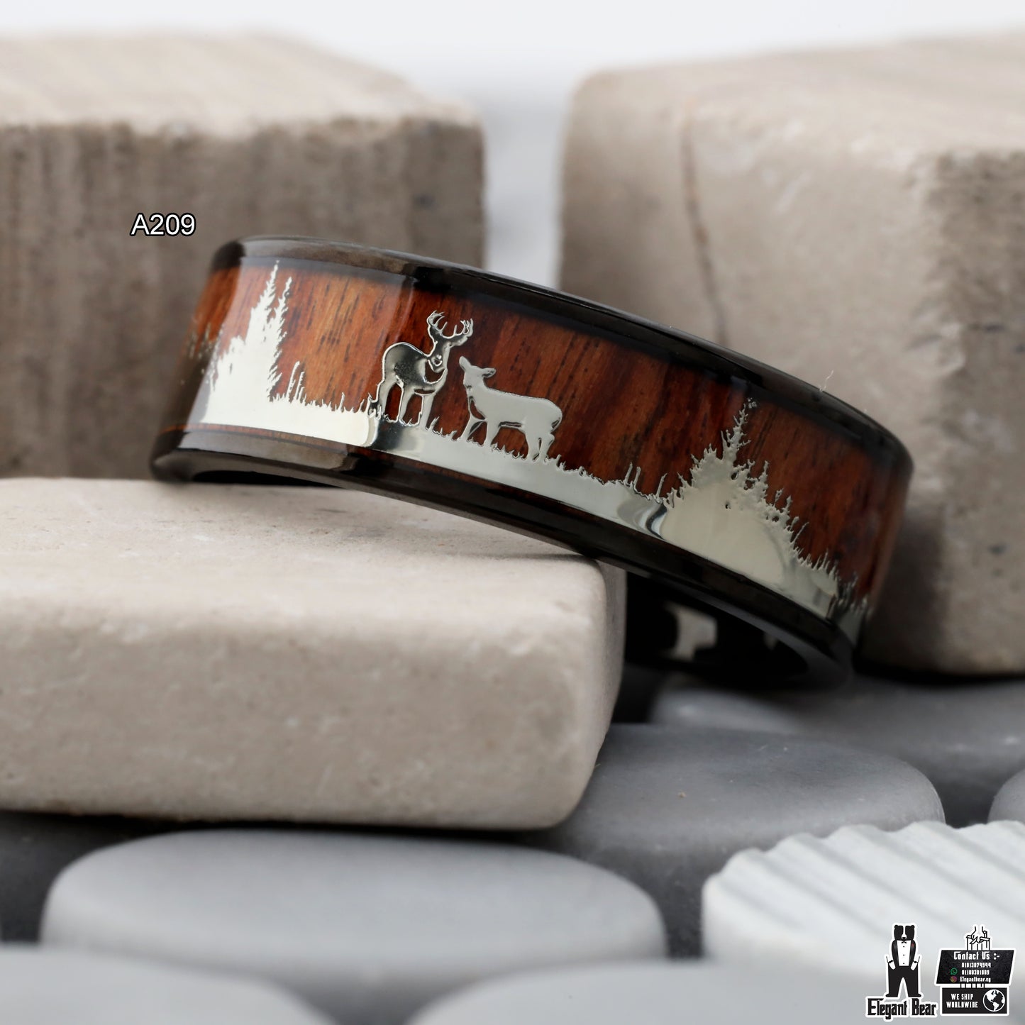 Titanium Ring with Koa Wood & Forest Deer Engraving - Nature Design - 8mm - A209
