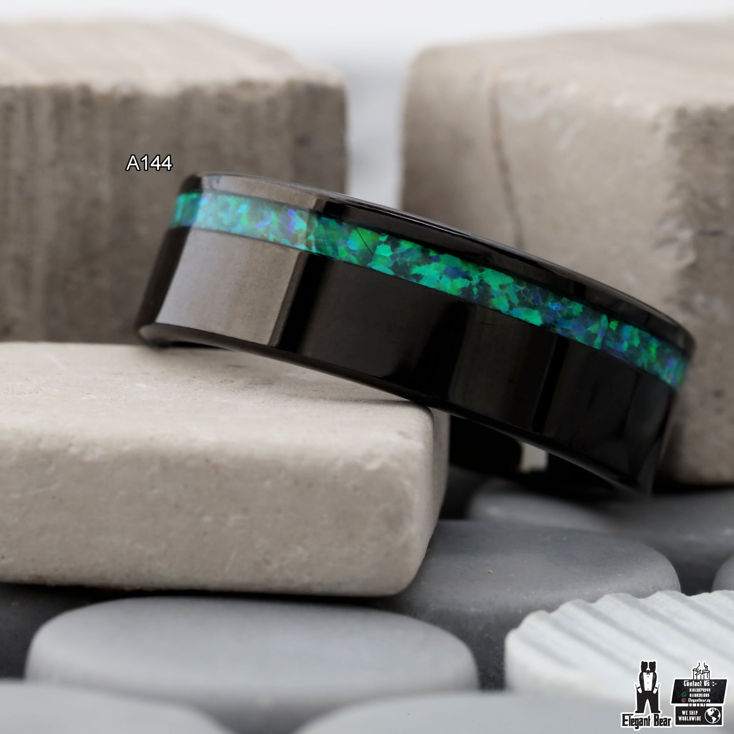 Tungsten Ring with Green Opal Stone Inlay - Premium Design - 8mm - A144