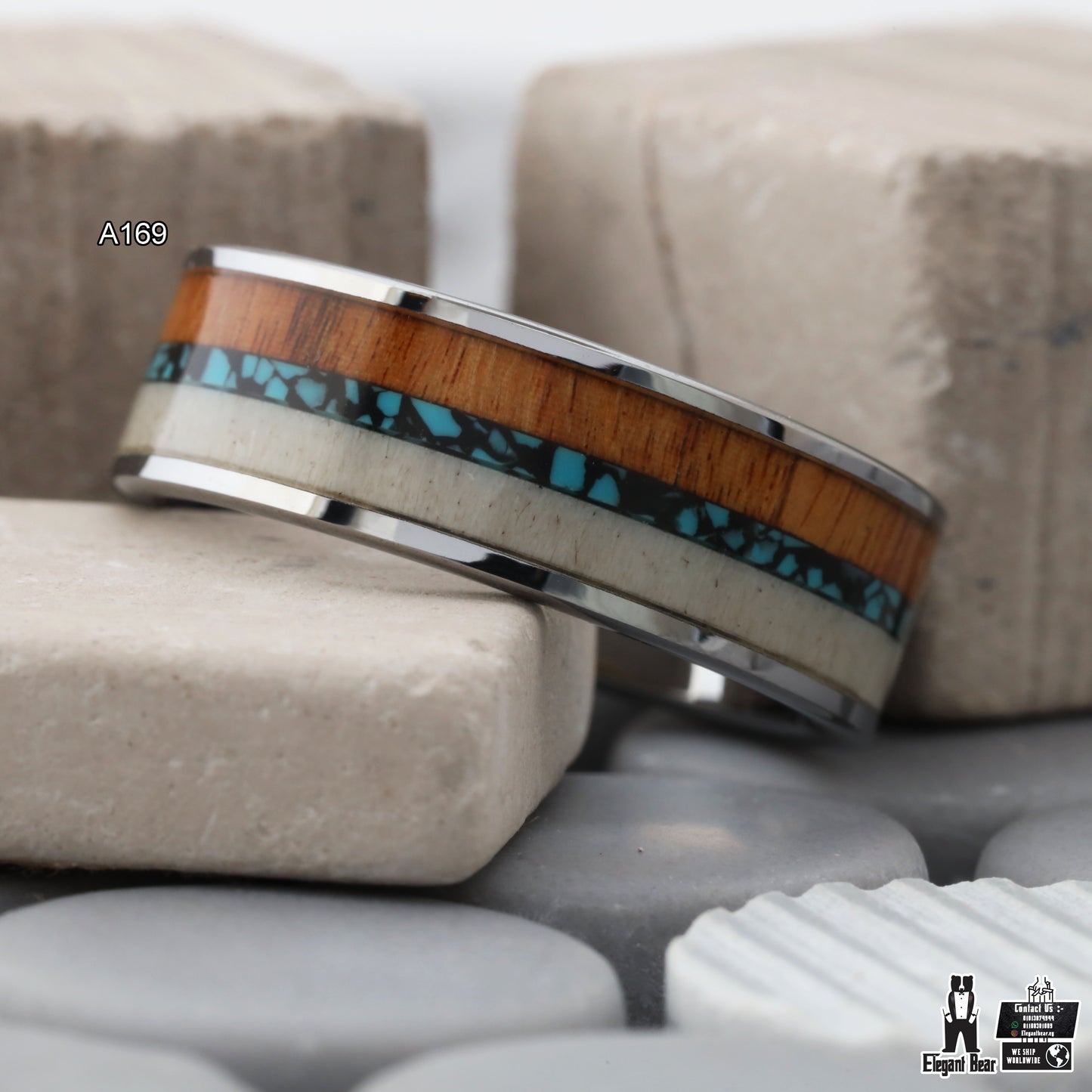 Silver Tungsten Ring with Deer Antler, Crushed Turquoise & Koa Wood - Triple Inlay - 8mm - A169
