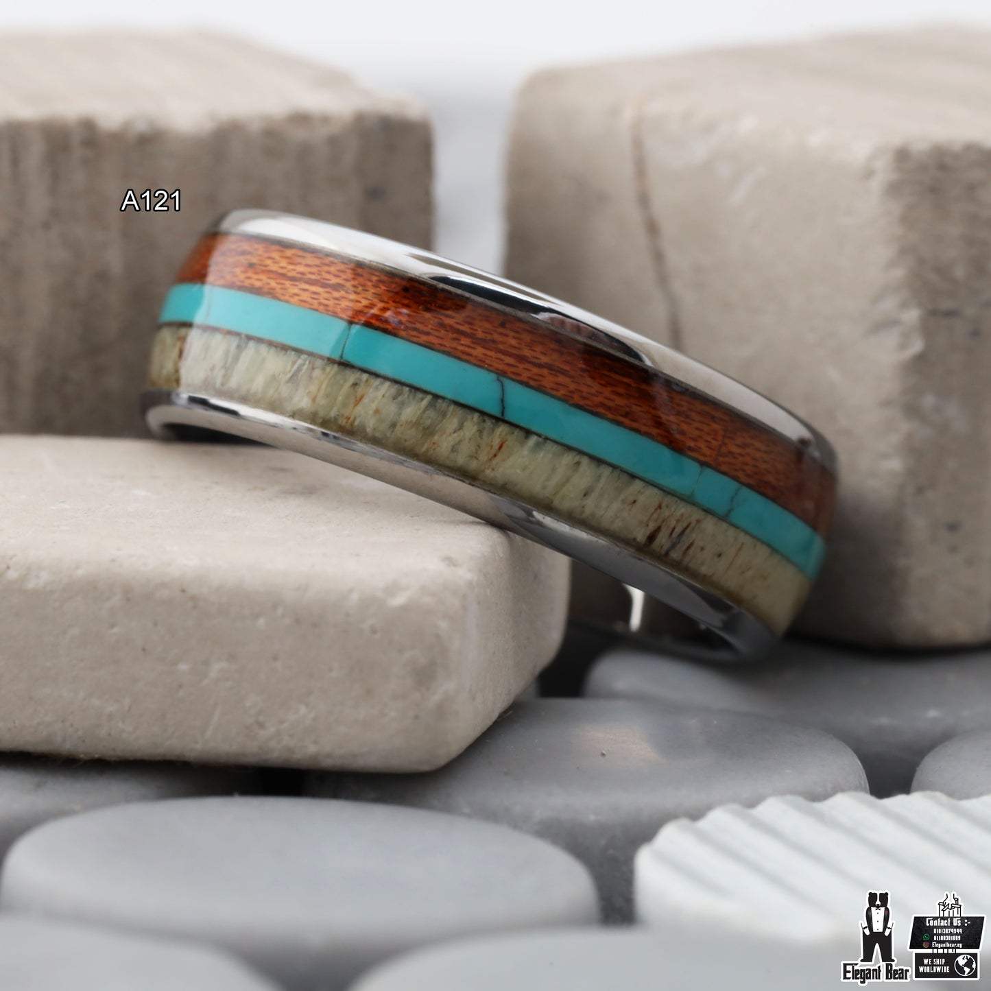 Silver Tungsten Ring with Deer Antler, Turquoise & Koa Wood - Triple Inlay - 8mm - A121
