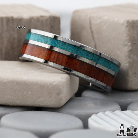 Silver Tungsten Ring with Koa Wood & Natural Turquoise Stone - 8mm - A165