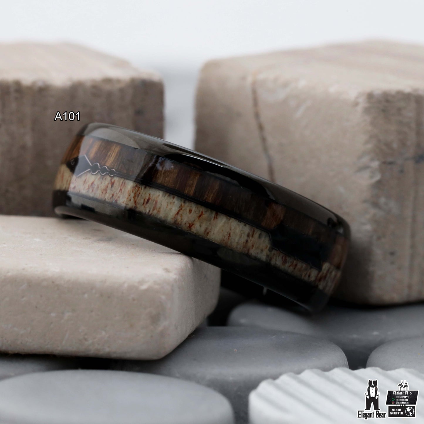 Black Tungsten Ring with Deer Antler & Koa Wood - Forest Arrow Design - 8mm - A101