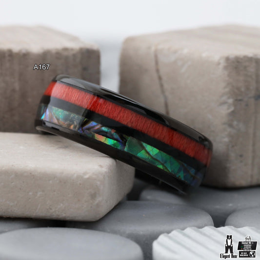 Tungsten Ring with Natural Abalone Shell & Red Elder Box Wood - 8mm - A167