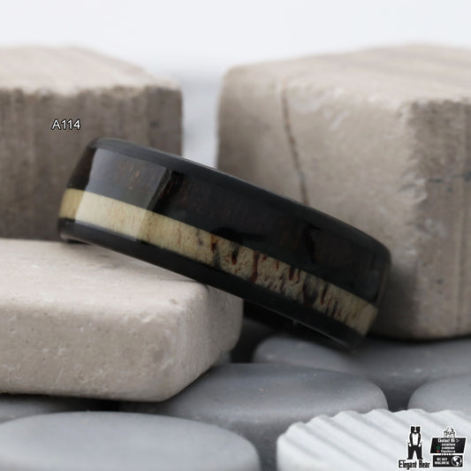 Tungsten Ring with Natural Koa Wood & Deer Antler Inlay - Dual Material - 8mm - A114