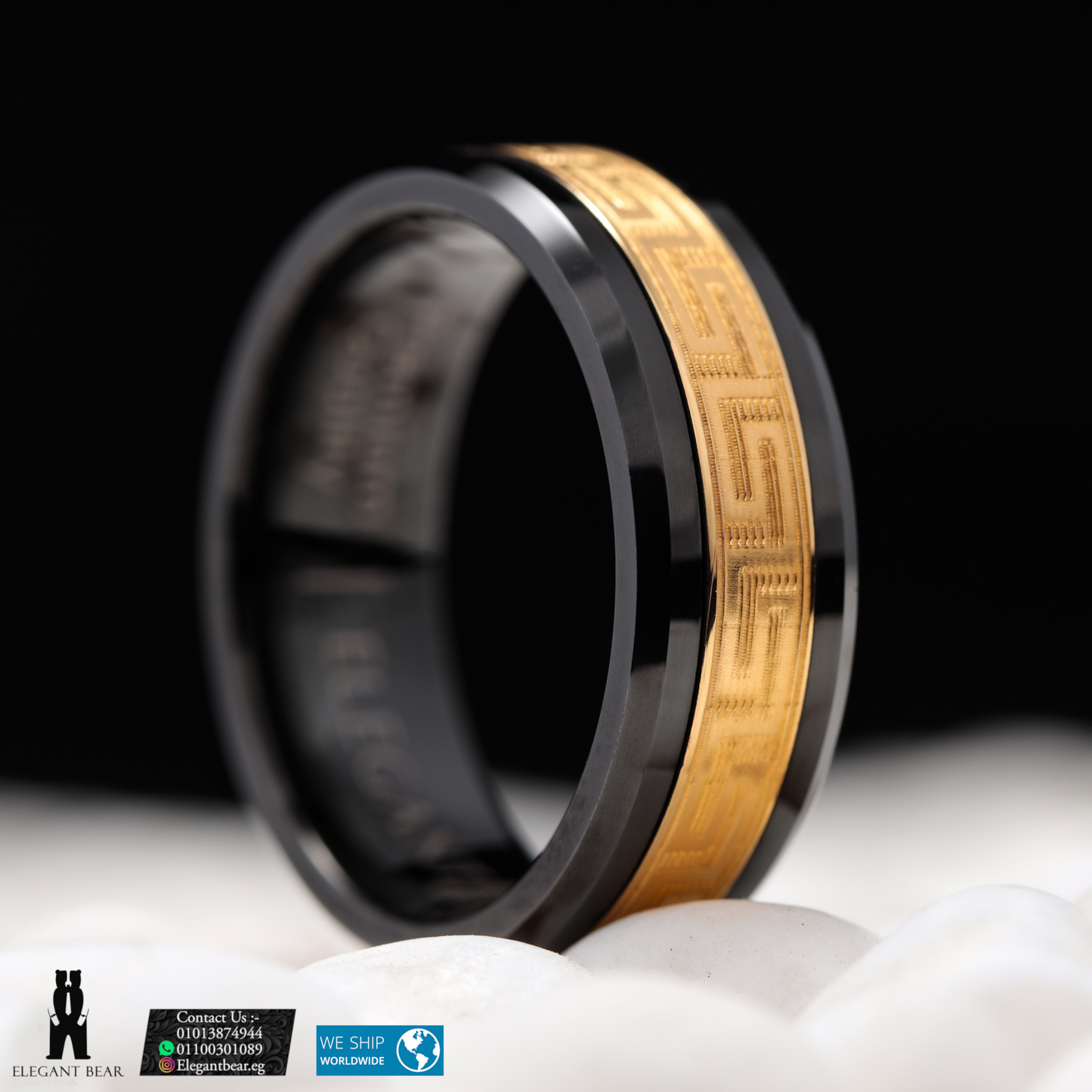 Black Tungsten Ring with Gold Engraved Center Band - 8mm - A149