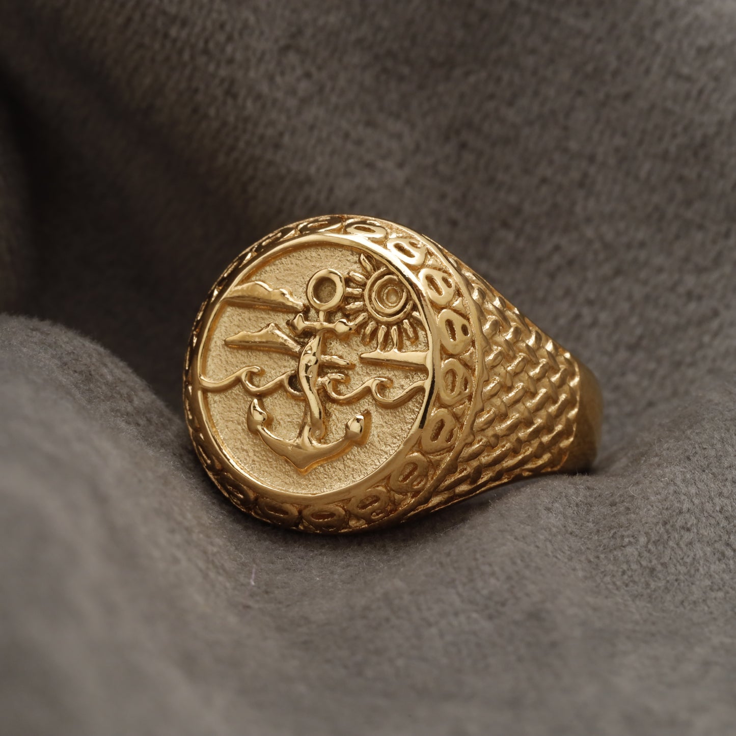 Gold Anchor & Sun Signet Stainless Steel Ring R30