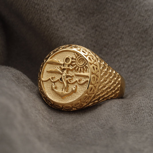 Gold Anchor & Sun Signet Stainless Steel Ring R30