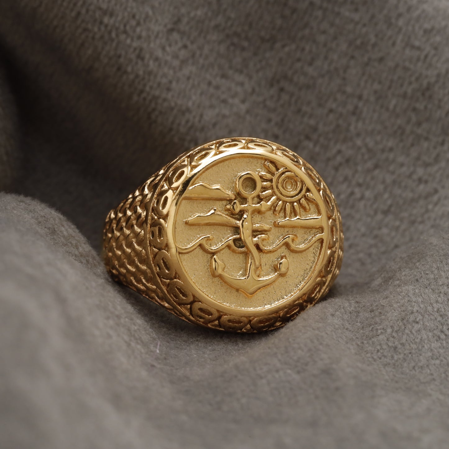 Gold Anchor & Sun Signet Stainless Steel Ring R30