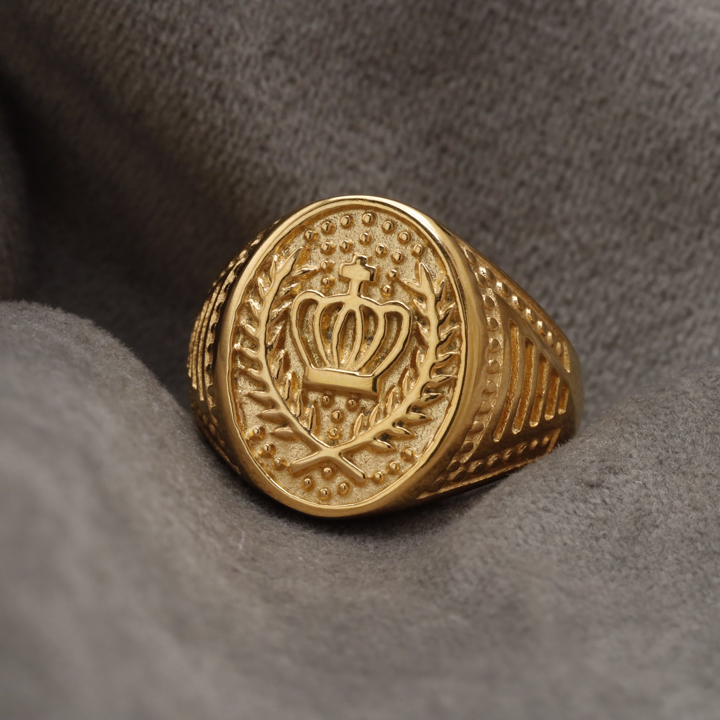 Gold Royal Crown & Laurel Wreath Oval Signet Ring with Engraved Band Gold Stainless Steel Ring R40