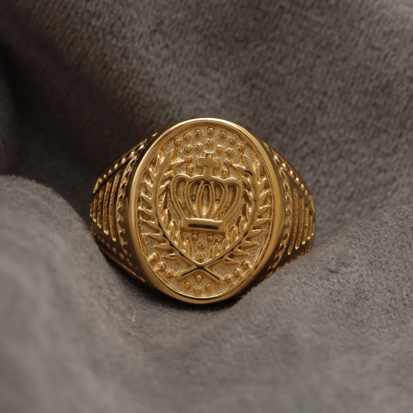 Gold Royal Crown & Laurel Wreath Oval Signet Ring with Engraved Band Gold Stainless Steel Ring R40