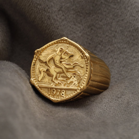 St. George & Dragon 1978 Coin Signet Ring Gold Stainless Steel Ring R41