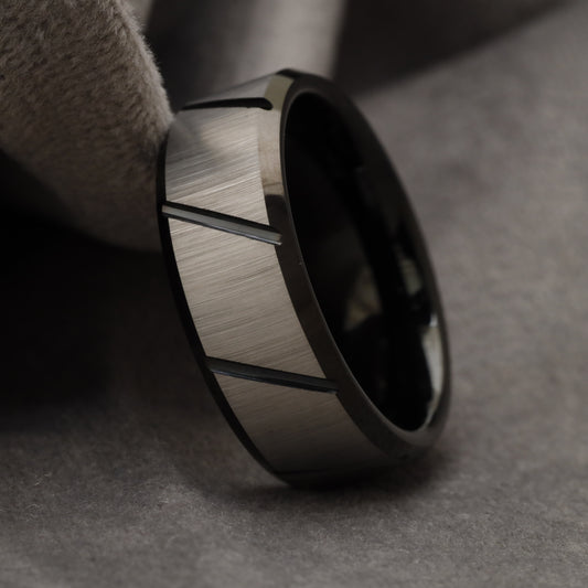 Brushed Silver & Black Grooved Tungsten Ring U5