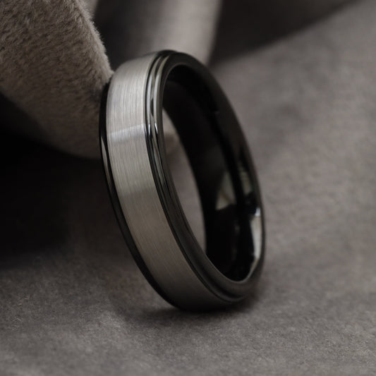 Brushed Silver Center & Polished Black Edge Tungsten Ring  U6