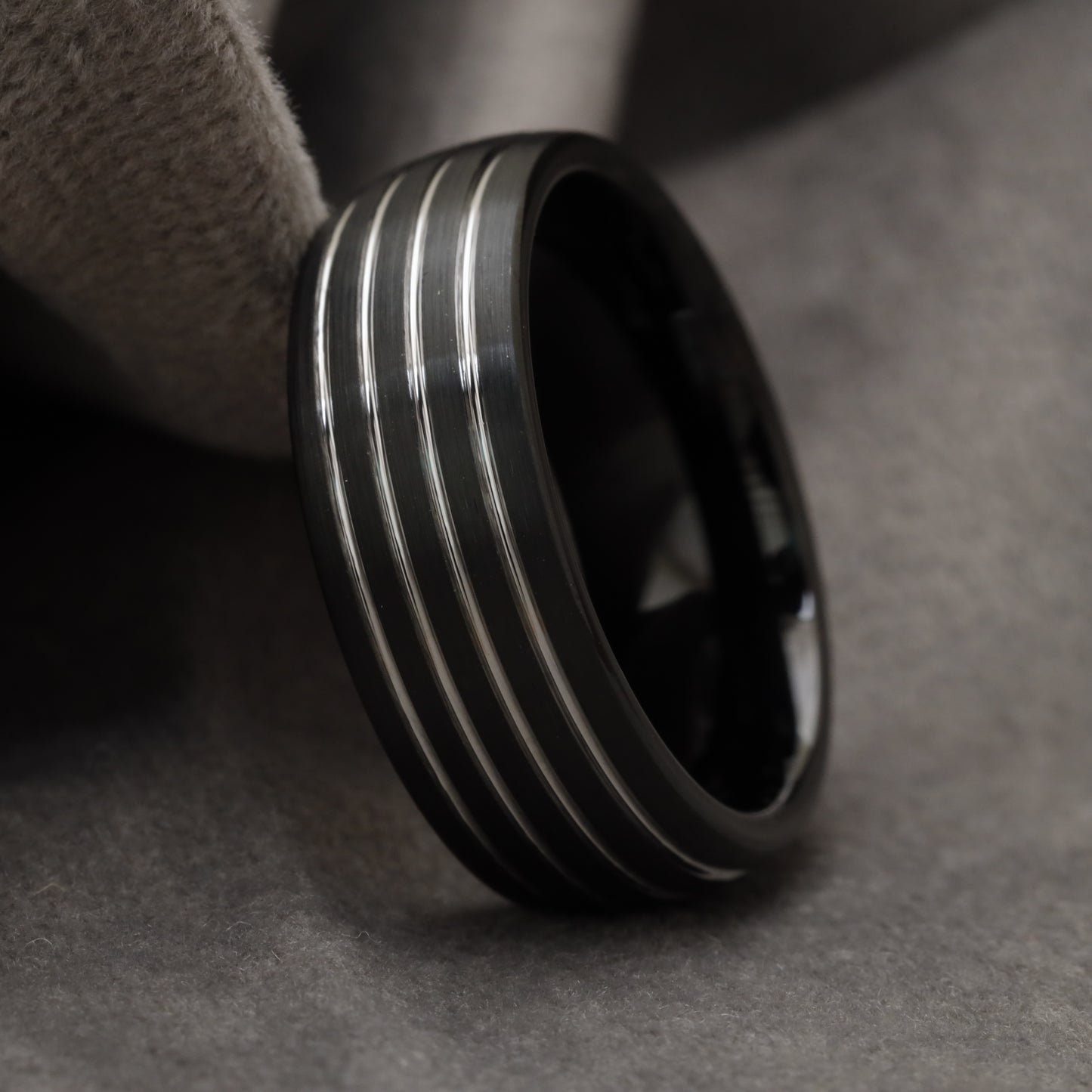 Matte Black with Triple Silver Grooves  Tungsten Ring U7