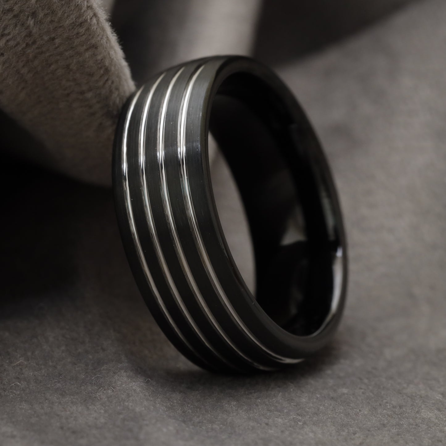 Matte Black with Triple Silver Grooves  Tungsten Ring U7